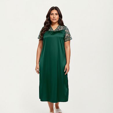 Women's PLus Size Nightgown with Delicate Lace V-Neck Short Sleeves and Soft Flowing Silhouette