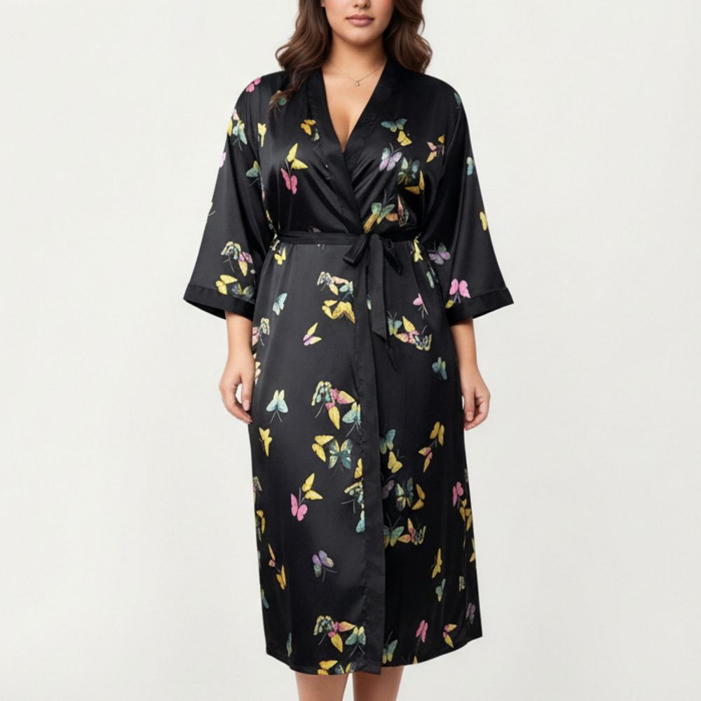 Women's PLus Size Butterfly Print Satin Robe with Wrap Front Design and ...