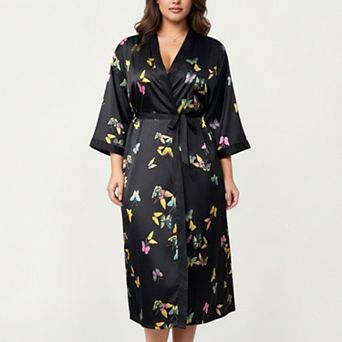 Women's PLus Size Butterfly Print Satin Robe with Wrap Front Design and Adjustable Tie Waist Belt