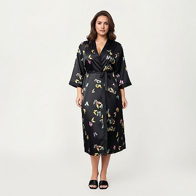 Women's PLus Size Butterfly Print Satin Robe with Wrap Front Design and Adjustable Tie Waist Belt