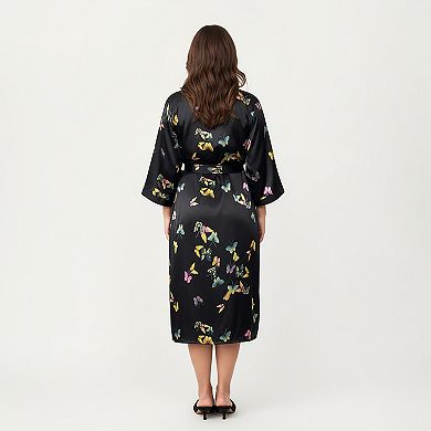 Women's PLus Size Butterfly Print Satin Robe with Wrap Front Design and Adjustable Tie Waist Belt