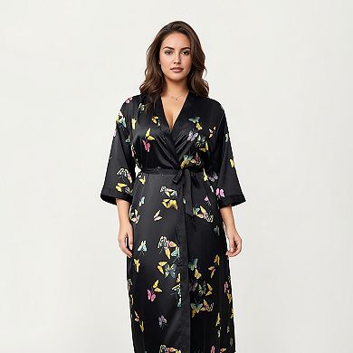 Women's PLus Size Butterfly Print Satin Robe with Wrap Front Design and Adjustable Tie Waist Belt