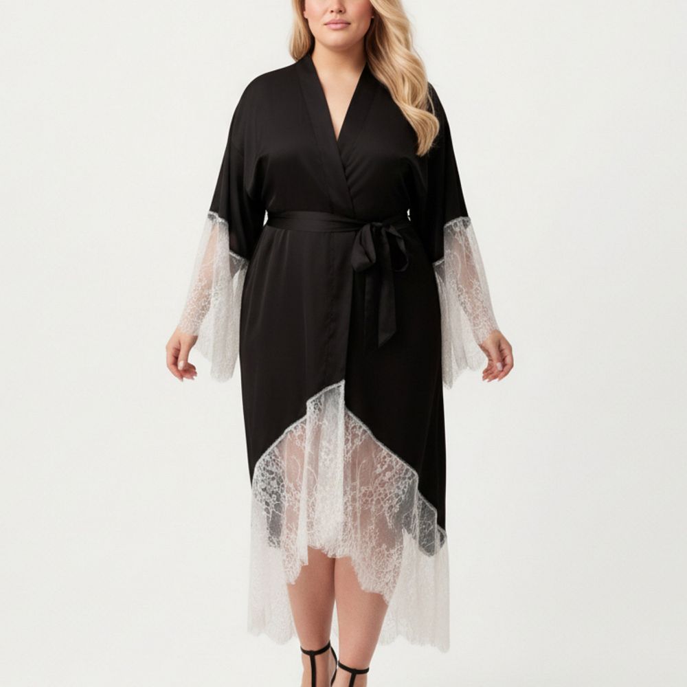 Women's Plus Size Long Robe with Sheer Lace Hem and Sleeve
