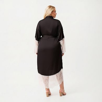 Women's Plus Size Long Robe with Sheer Lace Hem and Sleeve Detailing and Soft Flowing Fabric
