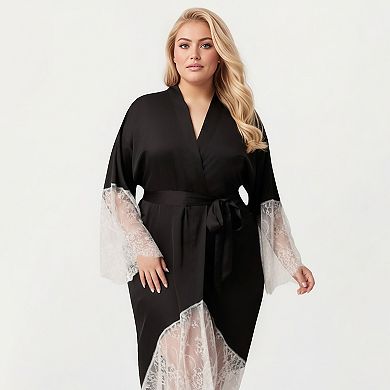 Women's Plus Size Long Robe with Sheer Lace Hem and Sleeve Detailing and Soft Flowing Fabric