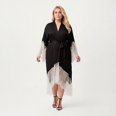 Women's Plus Size Long Robe with Sheer Lace Hem and Sleeve Detailing and Soft Flowing Fabric
