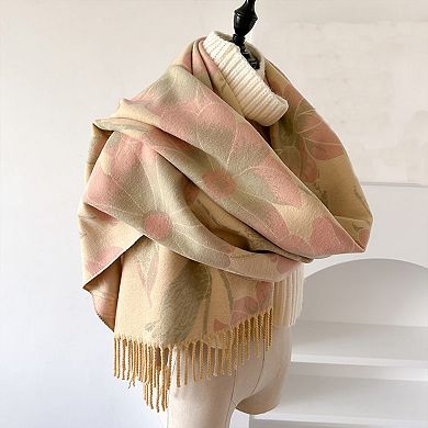 Floral Pattern Soft Jacquard Scarf with Twisted Fringe Trim
