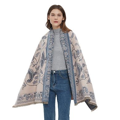 Soft Floral Bird Pattern Wrap Scarf with Elegant Border Design