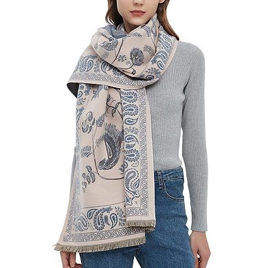 Soft Floral Bird Pattern Wrap Scarf with Elegant Border Design