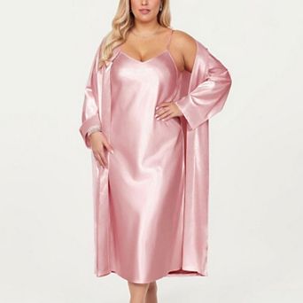 Women's PLus Size Satin 2 pc Robe and Slip Dress Set with Adjustable Spaghetti Straps