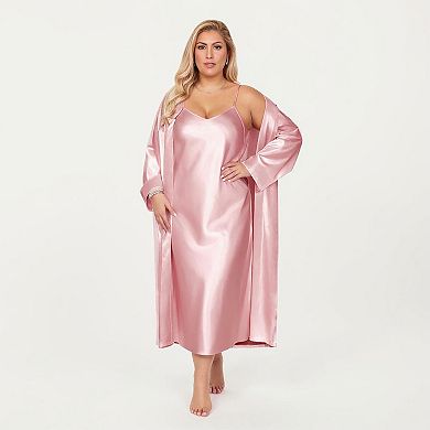 Women's PLus Size Satin 2-Piece Robe and Slip Dress Set with Adjustable Spaghetti Straps