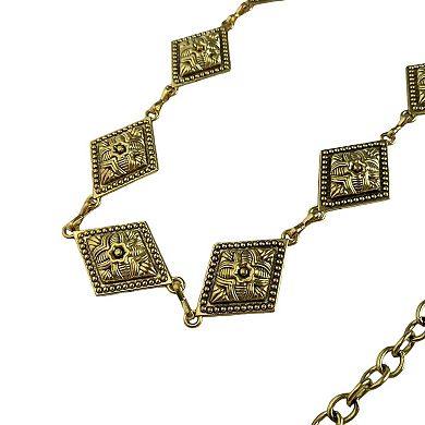 Vintage Inspired Engraved Metal Waist Chain with Floral Square Links