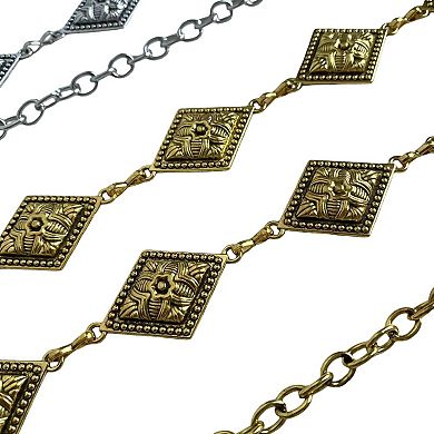 Vintage Inspired Engraved Metal Waist Chain with Floral Square Links