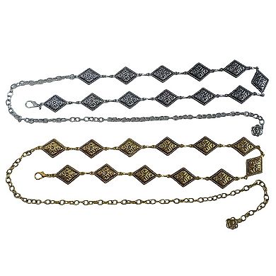 Vintage Inspired Engraved Metal Waist Chain with Floral Square Links