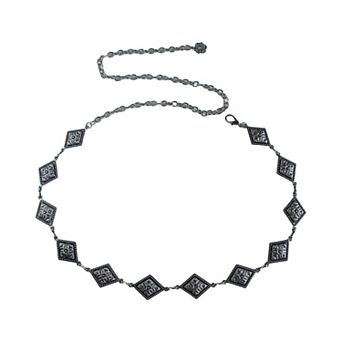 Vintage Inspired Engraved Metal Waist Chain with Floral Square Links