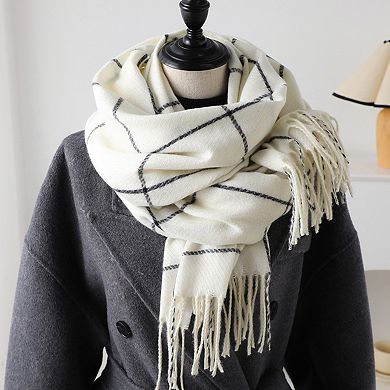 Plaid Winter Scarf Soft Warm Woven Long Shawl with Fringe Edges
