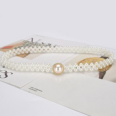 Womens Elastic Pearl Waist Belt with Center Pearl Accent
