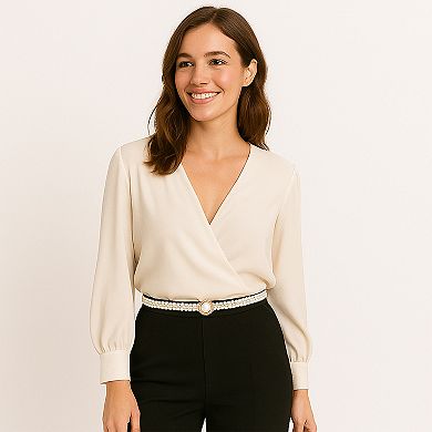 Womens Elastic Pearl Waist Belt with Center Pearl Accent