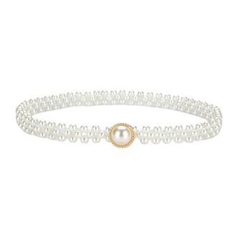 Womens Elastic Pearl Waist Belt with Center Pearl Accent
