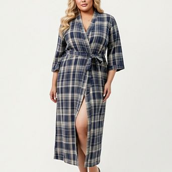 Women's PLus Size Plaid Long Robe with Brushed Texture Adjustable Waist Tie and 3/4 Sleeves