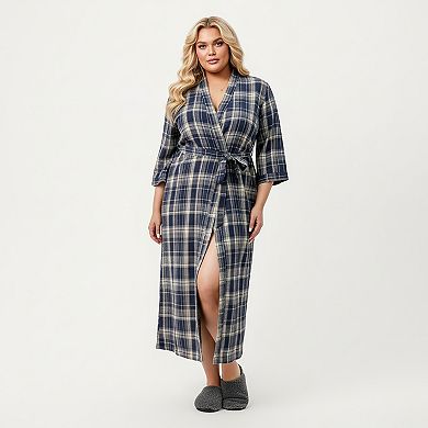 Women's PLus Size Plaid Long Robe with Brushed Texture Adjustable Waist Tie and 3/4 Sleeves