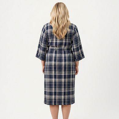 Women's PLus Size Plaid Long Robe with Brushed Texture Adjustable Waist Tie and 3/4 Sleeves