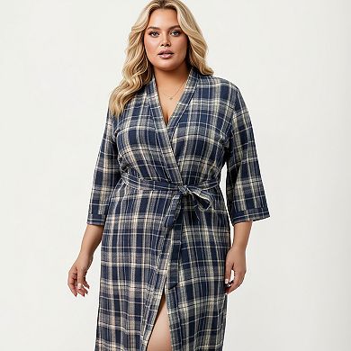 Women's PLus Size Plaid Long Robe with Brushed Texture Adjustable Waist Tie and 3/4 Sleeves