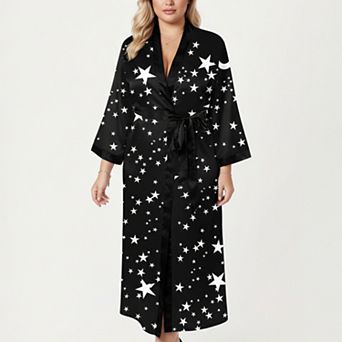 Women's PLus Size Star Print Long Robe with Soft Satin Feel and Adjustable Waist Tie