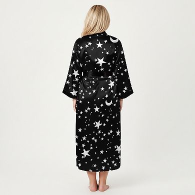 Women's PLus Size Star Print Long Robe with Soft Satin Feel and Adjustable Waist Tie