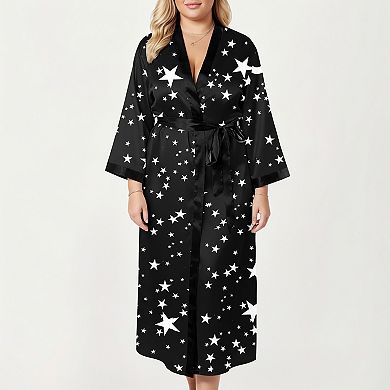 Women's PLus Size Star Print Long Robe with Soft Satin Feel and Adjustable Waist Tie