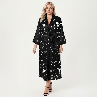 Women's PLus Size Star Print Long Robe with Soft Satin Feel and Adjustable Waist Tie
