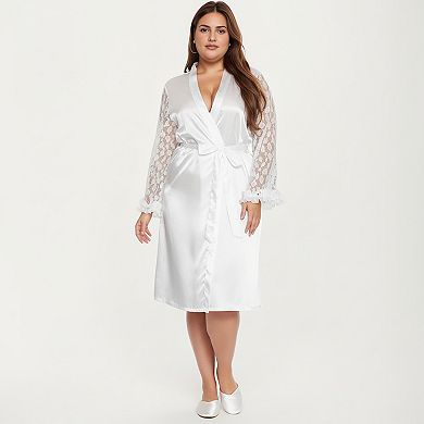 Women's PLus Size Satin Robe with Sheer Floral Lace Sleeves, Ruffled Cuffs, and Adjustable Waist Tie