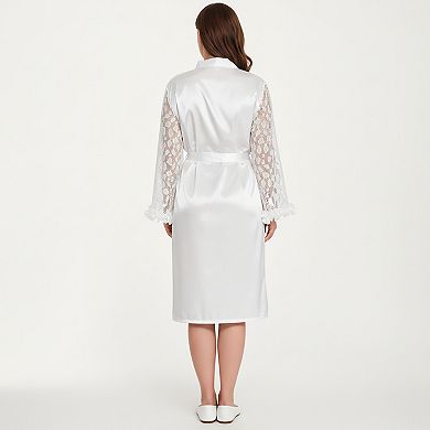 Women's PLus Size Satin Robe with Sheer Floral Lace Sleeves, Ruffled Cuffs, and Adjustable Waist Tie