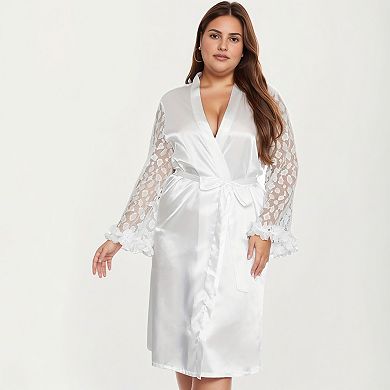 Women's PLus Size Satin Robe with Sheer Floral Lace Sleeves, Ruffled Cuffs, and Adjustable Waist Tie