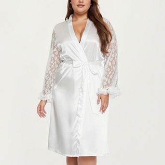 Women's PLus Size Satin Robe with Sheer Floral Lace Sleeves, Ruffled Cuffs, and Adjustable Waist Tie