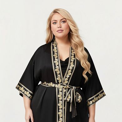 Women's Plus Size Long Robe with Decorative Trim Detailing and Soft Flowing Fabric