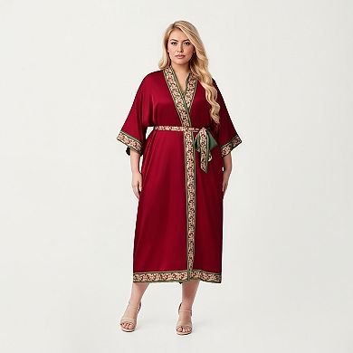 Women's Plus Size Long Robe with Decorative Trim Detailing and Soft Flowing Fabric