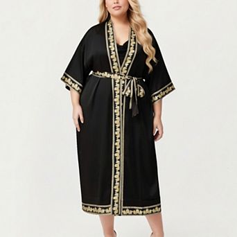 Women's Plus Size Long Robe with Decorative Trim Detailing and Soft Flowing Fabric