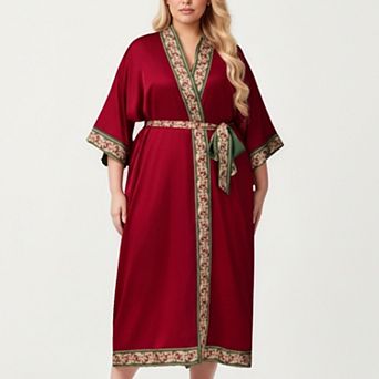 Women's Plus Size Long Robe with Decorative Trim Detailing and Soft Flowing Fabric