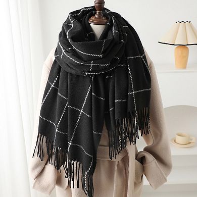 Plaid Winter Scarf Soft Warm Woven Long Shawl with Fringe Edges