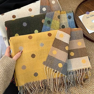 Reversible Polka Dot Scarf with Soft Fabric and Fringe Trim