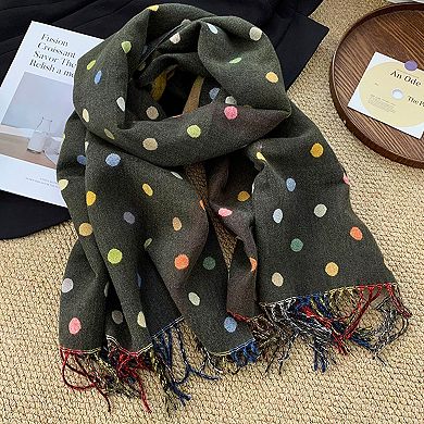 Reversible Polka Dot Scarf with Soft Fabric and Fringe Trim