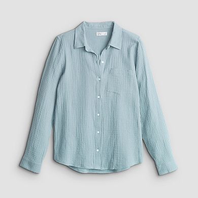 Petite Croft & Barrow® Long Sleeve Collared Blouse