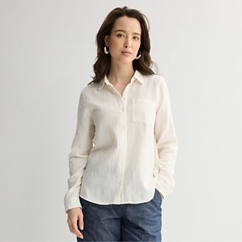 Petite Croft & Barrow® Long Sleeve Collared Blouse
