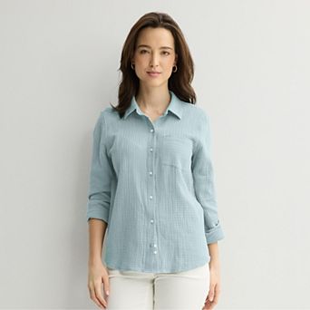 Petite Croft & Barrow® Long Sleeve Collared Blouse