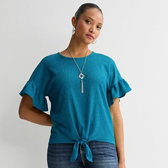 Women's Apt. 9® Ruffle Sleeve Tie Front Necklace Top