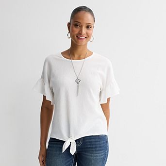 Women's Apt. 9® Ruffle Sleeve Tie Front Necklace Top