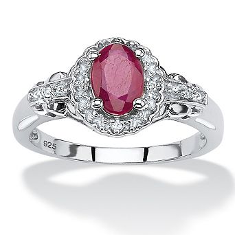 PalmBeach Jewelry 1.18 TCW Oval Genuine Ruby and Topaz Halo Ring in .925 Sterling Silver