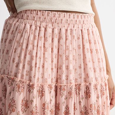 Juniors' Pink Rose Elastic Waist Multi Tier Skirt