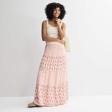 Juniors' Pink Rose Elastic Waist Multi Tier Skirt